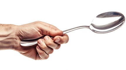 A human hand gripping a shiny metal spoon, isolated on a pure white background, with realistic reflections and textures.