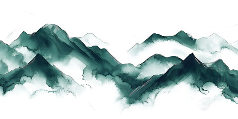 Obraz premium Green and Teal Abstract Mountain Range with Soft Watercolor Texture on white and transparent background.