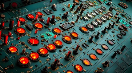 Closeup view of an illuminated control panel with various buttons and indicators highlighting the presence of engineers or technicians in focus