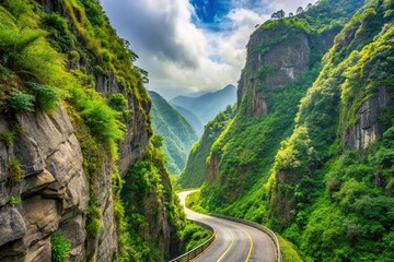 Fototapeta premium A winding mountain road with steep cliffs and lush greenery on both sides, asphalt, road signs