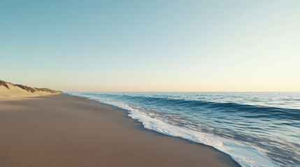 Obraz premium serene beach scene with gentle waves lapping at shore, showcasing clear skies and soft sand dunes. tranquil atmosphere evokes sense of peace and relaxation