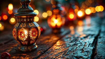 Ornate lanterns with colorful floral patterns glowing warmly on a wooden surface at night, creating a festive atmosphere..