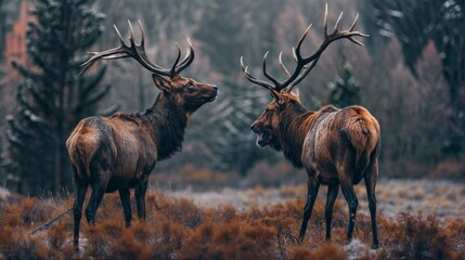 Two majestic elk with large antlers stand face-to-face in a wild, misty forest, engaged in a standoff or battle for dominance..