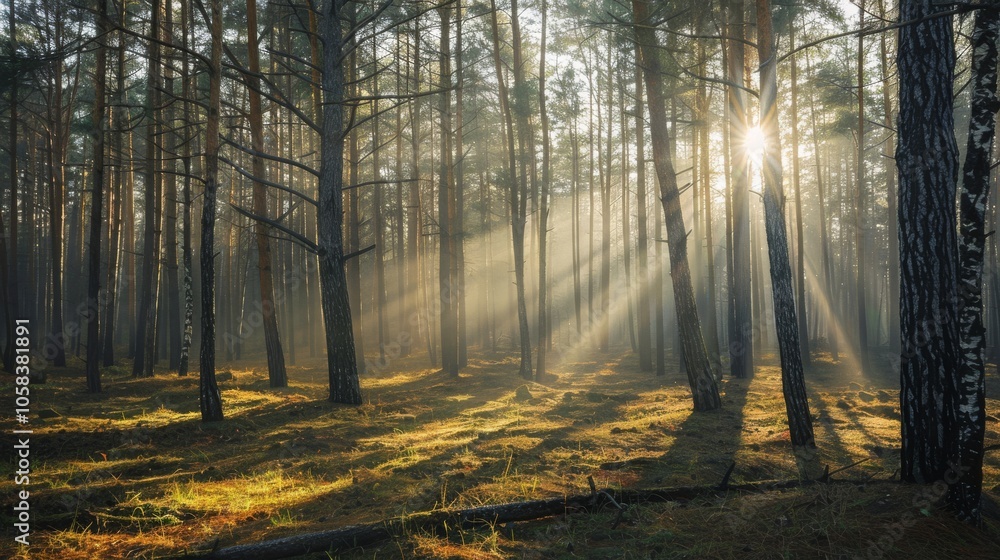 Poster sunlight breaks through tall trees in a misty forest, casting long rays of light onto the forest flo
