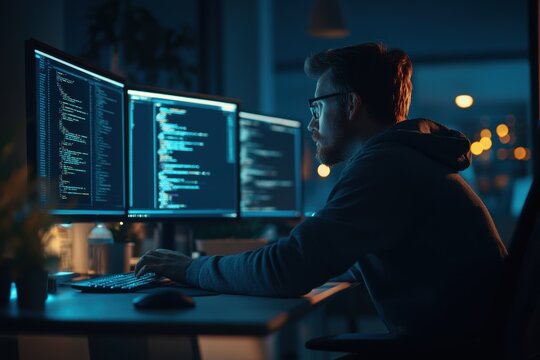 A focused man sits in a dimly lit room, staring intently at multiple screens displaying stock