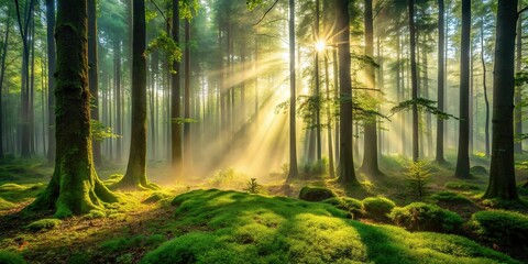 3. Soft sage green mist rising from a serene forest floor, illuminated by early morning sunlight, a realistic photo image.