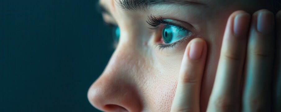 close up of person face showing wincing expression with blue eyes