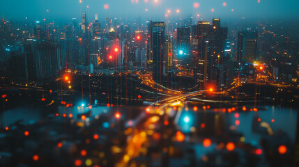 Fototapeta premium Smart digital Innovation city with connection network reciprocity over the cityscape. of future smart wireless digital city and social media networking systems that connects people with in city