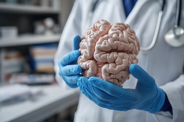 A healthcare professional, wearing a white coat and blue gloves, is holding a model of the human