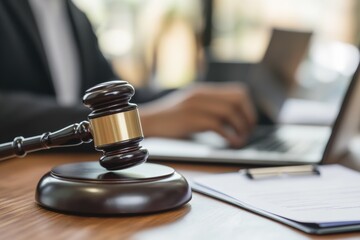 A legal-themed scene with a wooden gavel placed on a desk beside a clipboard and a laptop