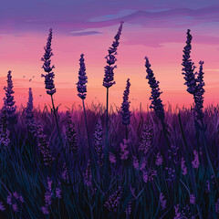 Fototapeta premium A field of lavender at sunset. silhouette illustration