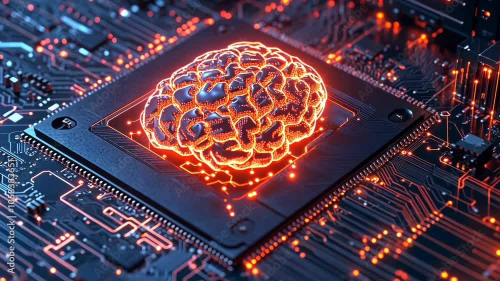 Poster a glowing brain sits atop a computer chip, representing the power of artificial intelligence