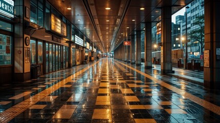 Fototapeta premium A long, empty shopping corridor with a wet reflective floor, illuminated by soft lights, gives off a tranquil, nighttime urban vibe..