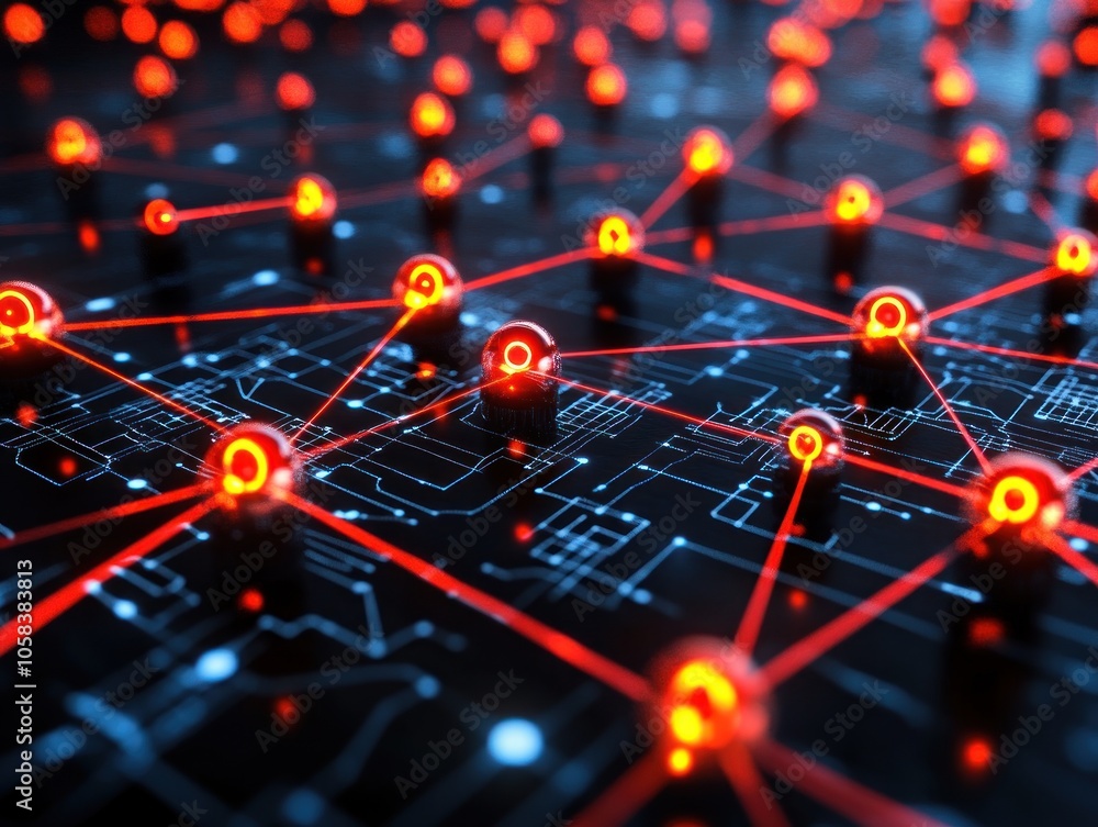 Poster abstract representation of a digital network with glowing nodes.