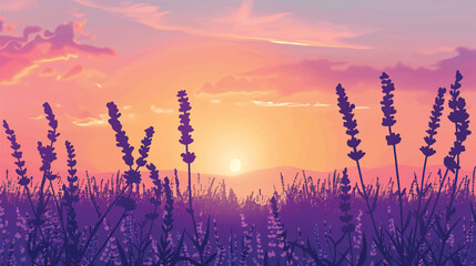 A field of lavender at sunset. silhouette illustration