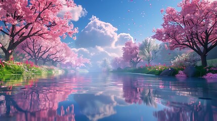 A scenic view of a riverbank lined with trees covered in fresh spring blossoms, reflecting in the clear water under bright skies.