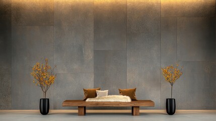Cozy Rustic Bench with Pillows and Fur Blanket in Modern Farmhouse Entrance Hall with Wild Stone Cladding Wall