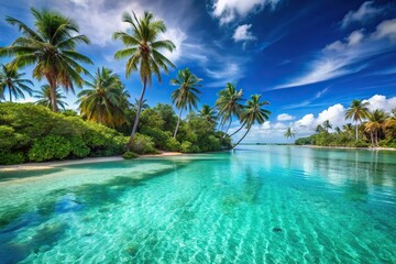 A stunning turquoise lagoon with swaying palm trees and clear waters, outdoor relaxation, coastal scene, blue water