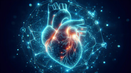 A highly realistic close-up of a glowing human heart in abstract.