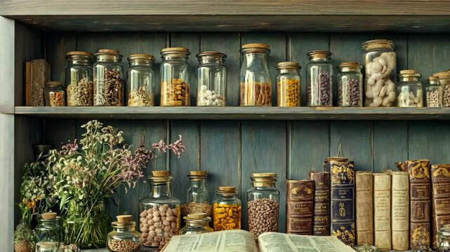 A collection of glass jars filled with various ingredients sits on a wooden shelf, hinting at a potion brewing or herbal remedy making session