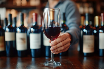 A sommelier tastes wine at a stylish winery surrounded by fine bottles in the evening