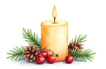 Drawing drawn with a brush. A watercolor illustration of a lit wax candle adorned with a fir branch and a fir cone set against a white background