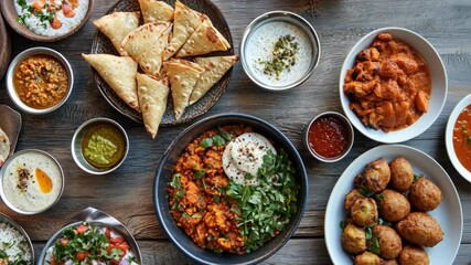 Aromatic Indian Feast: A captivating overhead shot showcases a rustic wooden table laden with a vibrant array of Indian dishes.