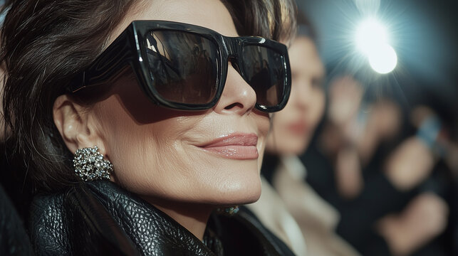 A woman commanding attention at a prestigious fashion show, wearing her oversized sunglasses, smirking with assurance as she’s surrounded by less-recognized faces, effortlessly flaunting her status
