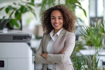 A professional woman with curly hair stands confidently next to a large office printer