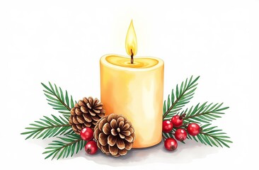 Drawing drawn with a brush. A watercolor illustration of a lit wax candle adorned with a fir branch and a fir cone set against a white background