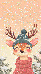 Happy reindeer with scarf and beanie in snowy winter scene
