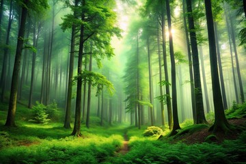 Obraz premium A stunning green forest with towering trees and a misty atmosphere, rural, landscape