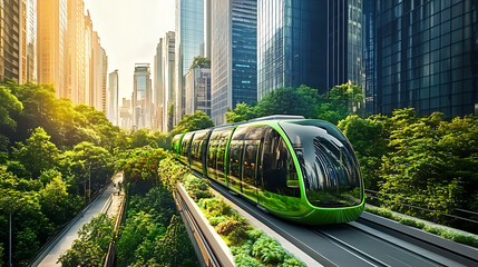 Fototapeta premium Futuristic green transportation vehicles glide smoothly through an urban landscape, showcasing innovation in eco-friendly travel