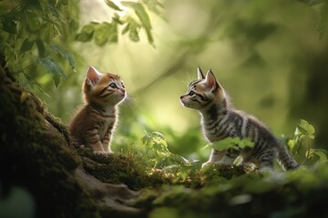 Two playful kittens share a moment in a lush green forest. Their curious expressions capture the essence of friendship in nature. Explore more. Generative AI