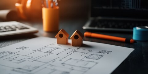 A cozy workspace featuring wooden house models on a floor plan with stationery and a laptop, ideal for architecture or real estate projects.