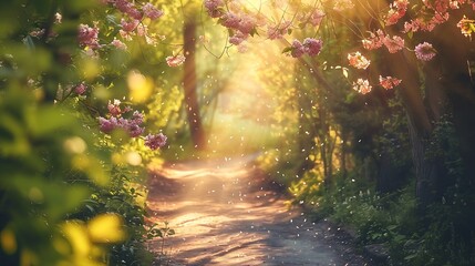 Obraz premium A serene woodland path lined with blooming trees and wildflowers, with sunlight streaming through the leaves.