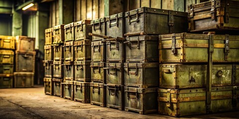 4. A stack of olive drab ammunition crates with worn labels and rusty metal bands, in a dimly lit warehouse, a realistic photo image.