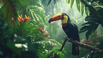 A toucan with a large yellow beak perches on a branch in a lush tropical rainforest, surrounded by vibrant green foliage and red flowers
