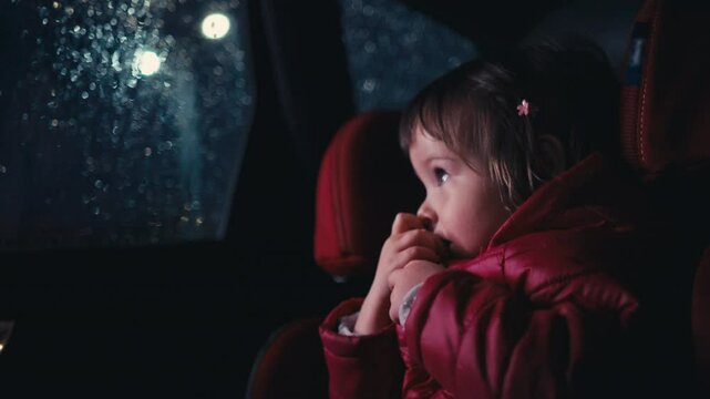 Young girl in a car seat at night, gently biting the zipper pull on her jacket while gazing out a rainy window. Concept of childhood curiosity, comfort, or peaceful travel moments.