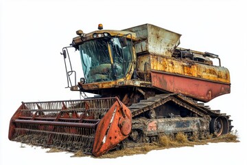 An old rustic combine harvester stands alone in the field. Its worn metal tells stories of seasons past. A symbol of agricultural history and machinery evolution. Generative AI