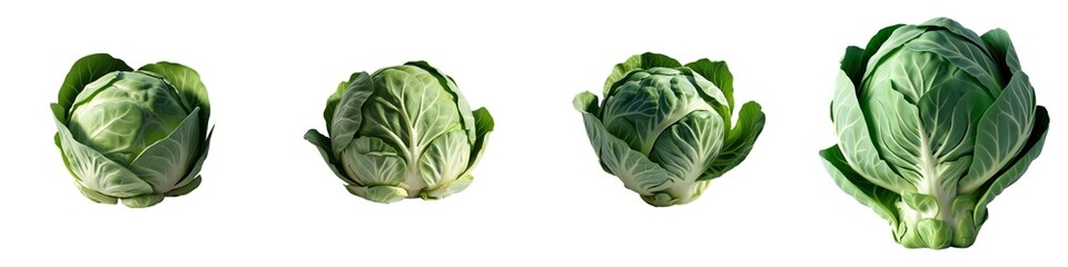 Fototapeta premium Fresh green cabbages lined up against a white isolated background.