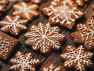 Delicious assorted gingerbread cookies with intricate snowflake designs on rustic wooden surface