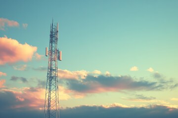 Obraz premium A tall communication tower stands against a backdrop of a serene sky, with soft clouds