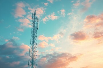 Obraz premium A tall communication tower stands against a backdrop of a serene sky, with soft clouds