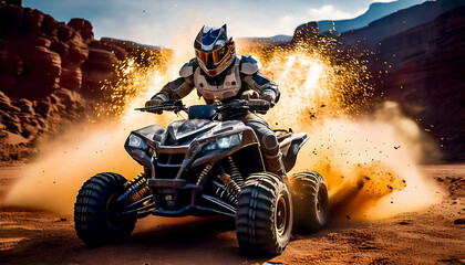 Astronaut in armored and robotic spacesuit in action on a ATV on planet surface, Starship troopers, space exploration and galaxy study mission, space science. Robot astronaut
