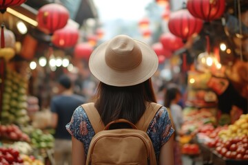 Obraz premium A woman, seen from behind, wearing a tan hat and carrying a brown backpack, walks through