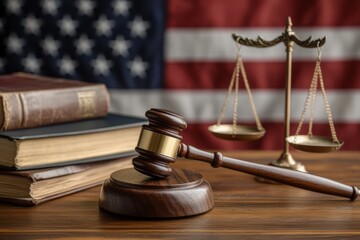 A wooden gavel and scales of justice sit on a desk with legal books in front of an American