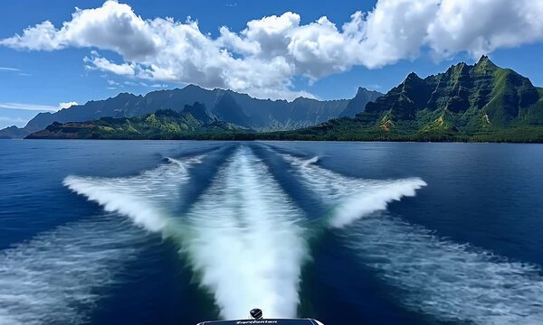 View of the napali coast from on board an oceanic boat in hawaii, blue sky, ocean waves and mountains, shot with canon eos r5


