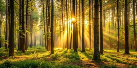 Fototapeta premium A serene forest scene with trees bathed in a soft golden light during the late afternoon hours, scenic view, outdoor wonder