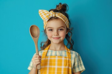 Fototapeta premium A young girl, dressed in a yellow plaid apron and matching headband, holds up a wooden spoon